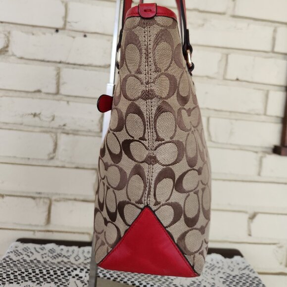 Coach Signature Khaki & Red Leather Medium Handbag Satchel Purse - Picture 4 of 14